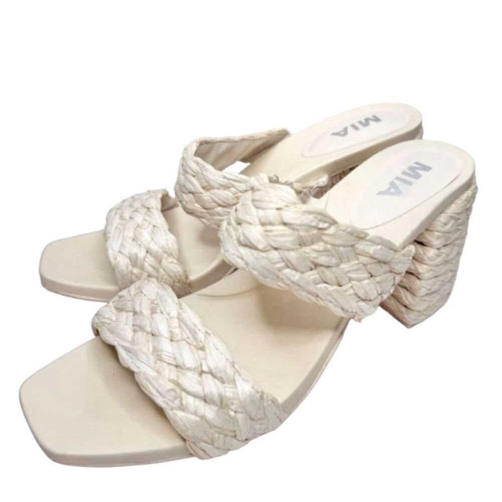 MIA Raffia Sandals Womens Size 10 Cream Double Strap Block‎ Heel